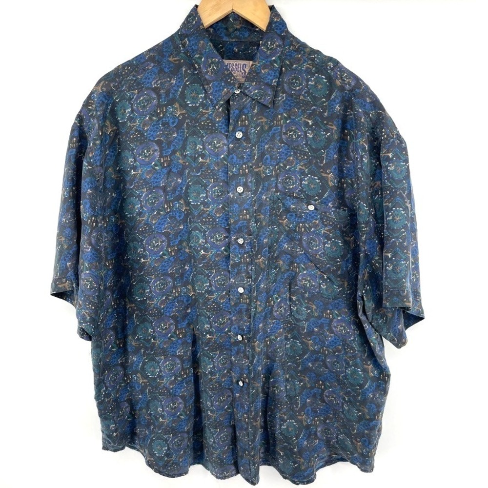 Vtg 100% Silk Shirt Men L Abstract Blue Print 90s‎ Button Short Sleeve Oversized